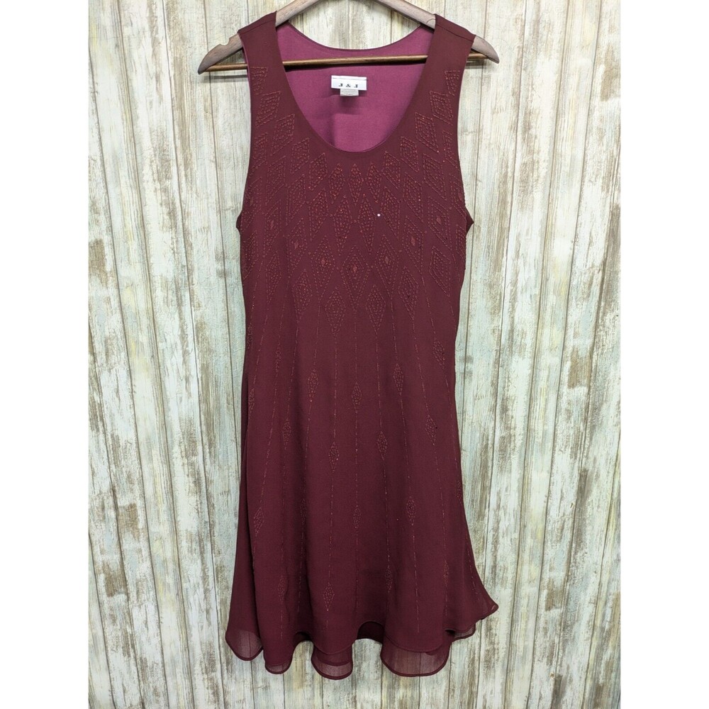 J&J USA Dark Cherry Red Beaded Fit & Flare Dress Fairy Sequins Layered Chiffon